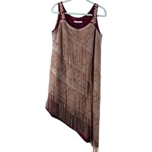 Fringe Asymmetrical Sleeveless Prom Dress - Burgundy and Tan